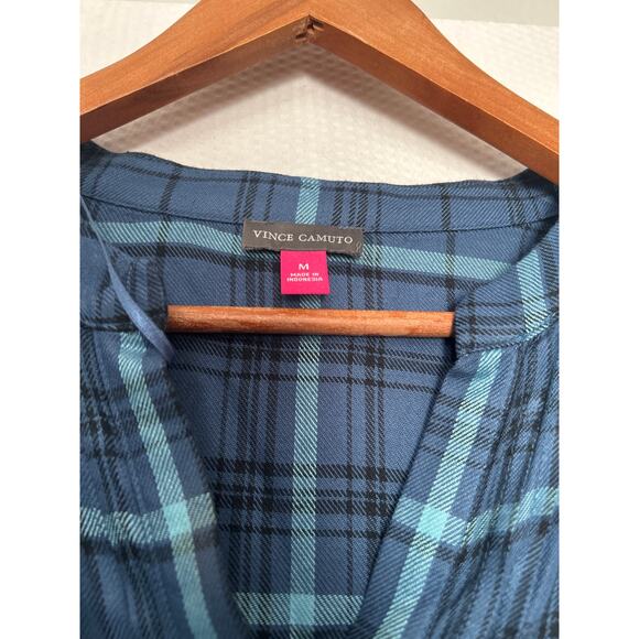 Vince Camuto Plaid Ruffle Sleeve Blouse Blue Teal Check V-Neck Casual Top Medium - Picture 6 of 10